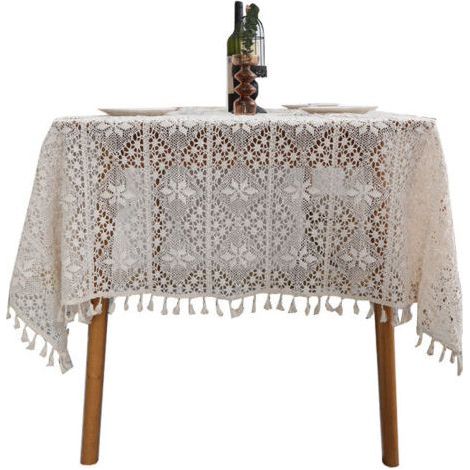 Nappe rustique en coton crocheté avec pompons ajourés, couleur beige – 85 x 85 cm (1/5)