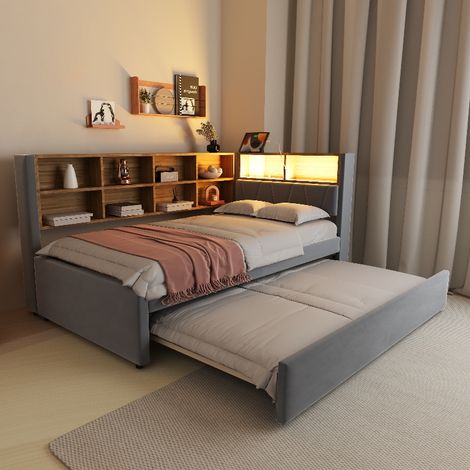 Schlafsofa 90x200 mit Ausziehbett 90x190, Polsterbett mit LED-Beleuchtung, Steckdosen und Stauraum, Multifunktionsbett Flanell Dunkelgrau (1/5)