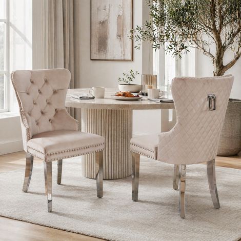 Sillas de comedor de terciopelo beige, lote de 2, respaldo capitonado, patas de metal, HAVRYA (1/5)