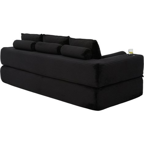 Divano Letto 3 Posti in Corduroy, Cuscini in Schiuma Memory, Tasche Laterali e Portabicchieri, Nero (1/5)