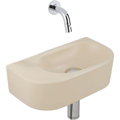 QeramiQ Fuente Ensemble de Lavabo - 40x21.5x12cm - lisse - demi-rond - sans trou pour robinet - céramique - ensemble de robinet chrome - bouchon de