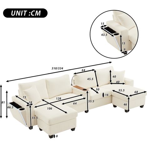 Canapé en forme de U, velours côtelé beige, 334x128,5x81 cm, avec 2 poufs, lampe de lecture, tablette pliable, porte-verre et ports USB/Type-C, accoudoirs réversibles à éclairage LED décoratif.