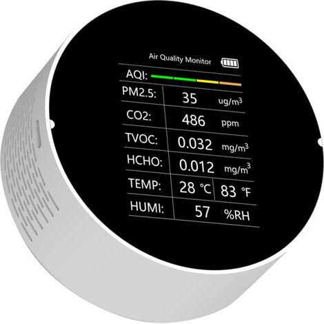 Détecteur de qualité de l'air multifonctionnel 7 en 1 : PM2.5, TVOC, CO2, HCHO, température, humidité, IQA. Moniteur de qualité de l'air intérieur pour la maison, le bureau, la voiture. (1/5)