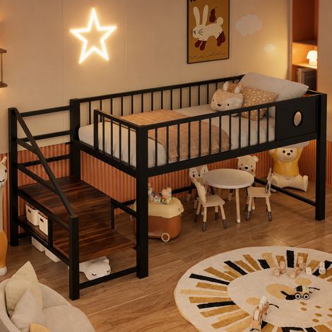 Niedriges Kinder-Hochbett 90x200 cm schwarz aus Metall mit Stauraumleiter (1/5)