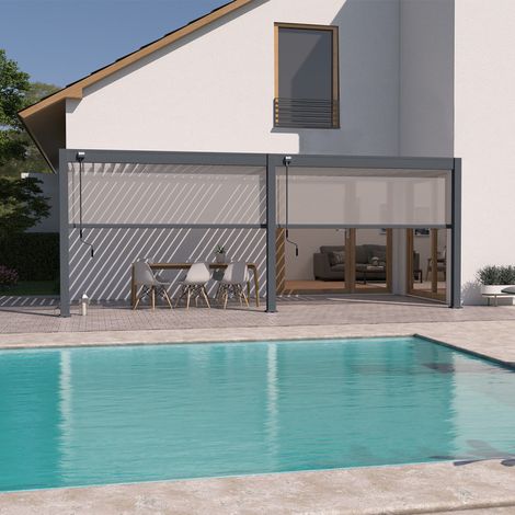 Ombrea – Pergola bioclimatique adossée 3x6M – Aluminium anthracite – 2 stores inclus – Résistance vent 100 km/h – Surface 18 m²