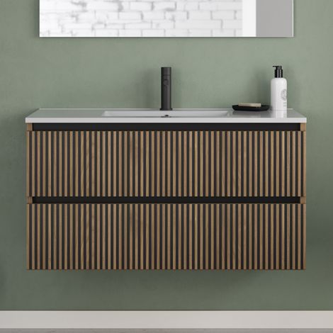 Meuble de salle de bain 100cm simple vasque - 2 tiroirs - sans miroir - noyer (bois foncé) - VENERIA