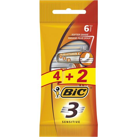Maquinillas de afeitar BIC Sensitive de 3 hojas para hombre, 1 paquete - 6 unidades (4 + 2 gratis) (1/2)