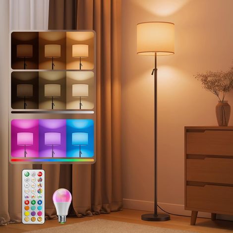 Lampadaire LED RGB, hauteur réglable de 152 à 175 cm, télécommande magnétique, interrupteur au pied, 1600 K ambre/4000 K blanc naturel, 0,1 %-100 %, 10 W, 1200 lm, lin tissé (1/5)