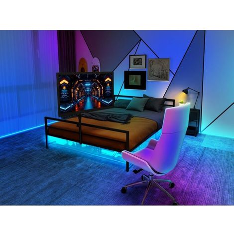 Lit enfant 90x200, structure robuste lit combine enfant, support écran réglable, led multicolore, rangement intégré (1/5)