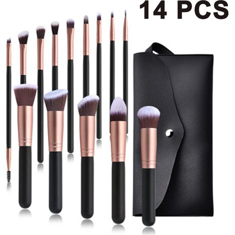 Ensemble de 14 pinceaux de maquillage synthétiques de qualité supérieure pour fond de teint, poudre, blush, correcteurs et fards à paupières. (1/5)
