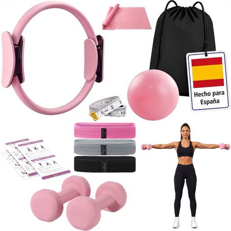 Relaxdays Set de pilates, 11 piezas: aro, pelota, 4 bandas de resistencia, 2 mancuernas, bolsa, accesorios hogar, rosa (1/5)