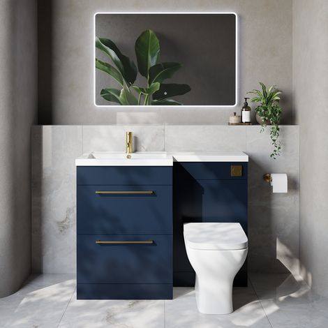Napoli 460 Deep Blue 1100mm 2 Drawer Vanity Unit Toilet Suite with Left Hand Square Lucia Basin - 1100mm - Brushed Brass 320mm HandleWith Kingston Toilet Pan and Seat