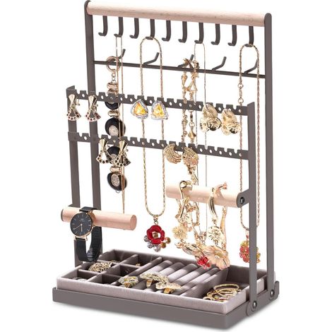 Présentoir à bijoux porte-chaîne, Porte Bijoux Présentoir à Metal et Bois Durable avec Plateau en Velours et Crochets, Porte Collier Boucles d’Oreille, Organisateur de Bijoux, Gris (1/5)