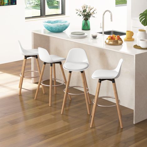 Lot de 4 tabourets de bar style scandinave hauteur 70 cm avec pieds en bois et repose-pieds en acier - blanc (1/5)