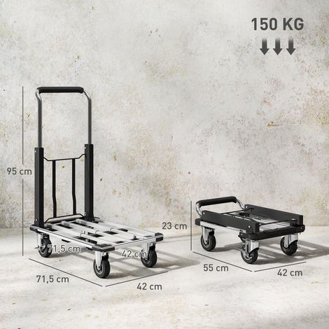 Faltbarer Handwagen, 150 kg Belastbarkeit, erweiterbare Fläche, höhenverstellbarer Griff, für Kisten, Metall, Schwarz