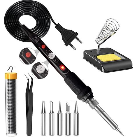 Lötkolben Set,60W Lötkolben Lötset mit EIN/AUS-Schalter200-450°C, Einstellbarer Temperaturknopf, 5 Lötspitzen,Gebogene Pinzette,Lötdraht, Eisenständer mit Schwamm,Pro Elektrotechnik Reparaturen (1/5)