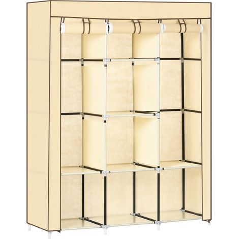 Armoire en tissu beige à 8 étagères et 2 barres de penderie, avec porte enroulable, 125 x 46 x 162,5 cm. (1/5)