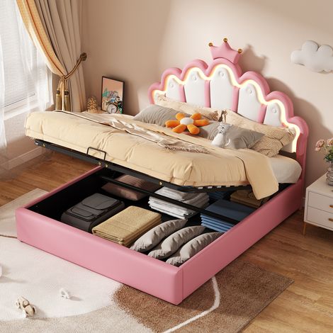 140×200 cm – Lit plat. Lit avec sommier réglable. Décoration de lit en forme de princesse. Éclairage programmable. Bandeau pour le montage du lit. Couleur rose. (1/5)