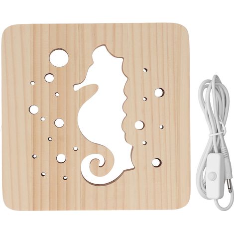 Lampe 3D LED en bois pin, motif hippocampe ajouré, veilleuse animale USB 2W pour bureau, décoration lumineuse. (1/5)