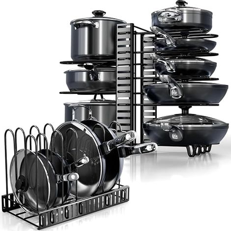 Organisateur casseroles et poêles 8 niveaux réglables, support rangement cuisine gain de place sous meuble, étagère pratique pour accessoires cuisine (1/5)