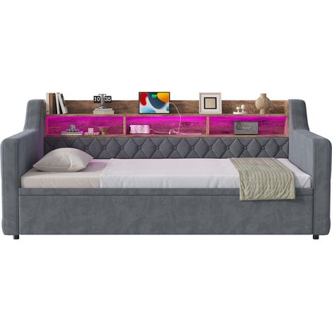 CHICFURN Canapé-lit 90x190 cm avec lit gigogne, velours gris foncé, tête de lit de rangement, LED, USB et Type-C, accoudoirs, sommier à lattes (1/5)