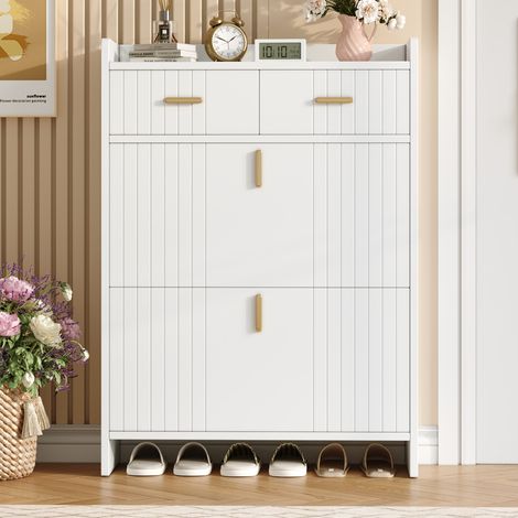 Meuble de rangement à chaussures blanc, 2 compartiments rabattables et tiroirs, armoire étroite moderne 2 étages, meuble d'entrée pour chaussures, dimensions 75x24x108,5 cm. (1/5)