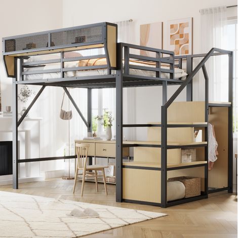 lit adulte gain de place rangement 140x200 metal noir OKMYHOME (1/5)