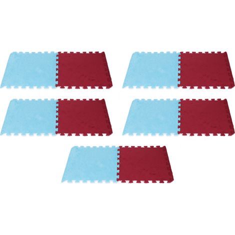 Tapis de sol emboîtable en mousse pelucheuse, doux, antidérapant et découpable, pour salon et chambre à coucher. Rouge (5 pièces) et bleu ciel (5 pièces). (1/5)