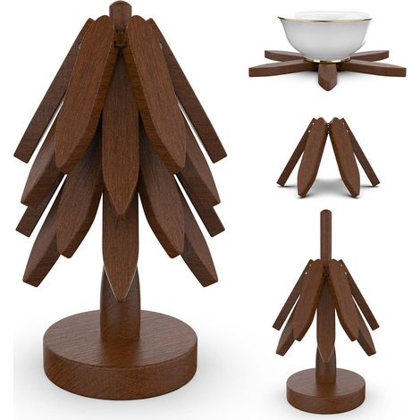 Holzuntersetzer Baumform 4er Set mit Ständer Walnuss für heiße Gerichte