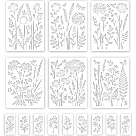 15 pochoirs à fleurs réutilisables pour la peinture murale, motifs floraux, loisirs créatifs et décoration murale. Idéal pour la décoration de meubles et d'objets d'art. Motifs de fleurs sauvages (1/5)