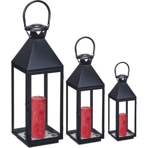 Relaxdays Set da 3 Lanterne, Portacandele Decorativi in Metallo per Esterni e Interni, 3 Grandezze, Design Moderno, Nero