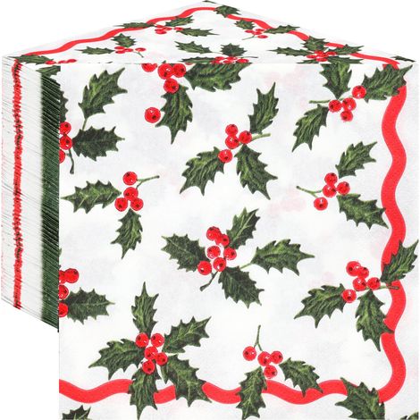 Lot de 100 serviettes de Noël jetables en papier avec houx et baies – Décorations de table festives pour la famille Rouge et blanc et vert 2 plis 33 cm (1/5)
