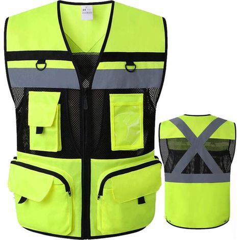 Gilet de sécurité réfléchissant 9 poches haute visibilité ANSI – Tissu maille 100% polyester – Couleur jaune noir – Taille S/M/L (1/5)