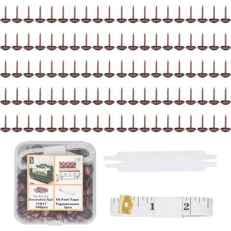 Lot de 100 clous décoratifs antiques en acier au carbone pour canapé-lit et ruban à mesurer pour décoration de meubles (cuivre rouge) (1/5)