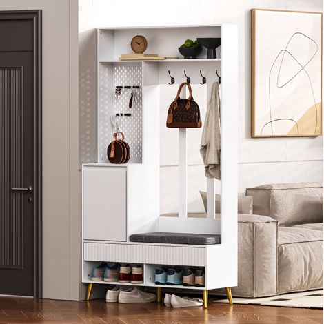 Set appendiabiti da ingresso 100x35x180 cm bianco in MDF con panca, cassetti, armadio e ganci (1/5)