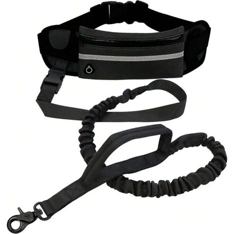 Laisse pour chien idéale pour la course et l'entraînement – mains libres, avec ceinture ajustable et laisse élastique absorbant les chocs pour les maîtres actifs – Noire