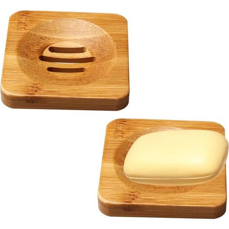 Lot de deux porte-savons en bambou, porte-savons de salle de bain, porte-savons hygiéniques en bambou, résistants à la moisissure et perméables à l'eau - carrés, dimensions 8 x 8 cm (1/5)