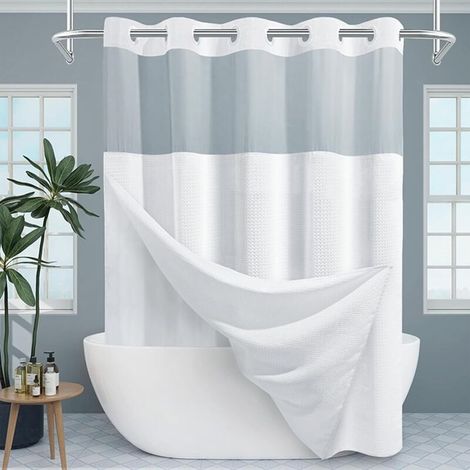Rideau de Douche en Tissu gaufré Blanc pré-crocheté avec fenêtre Transparente et Doublure à Clipser (180,3 x 190 cm (l x L) (1/4)