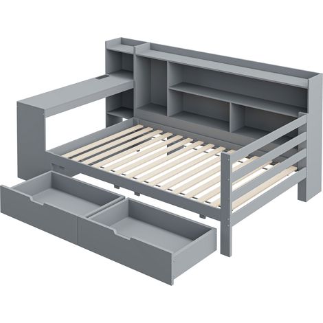Letto multifunzione in legno grigio 90 x 200 cm con scrivania, mensole, vani e prese (1/5)