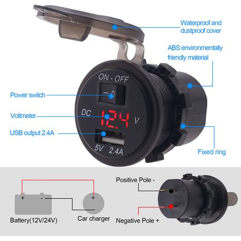 Chargeur de voiture, chargeur de téléphone portable, voltmètre pour camping-car/yacht, USB 2 en 1, 2,1 A, câble de 60 cm inclus, bleu DC 1224 V. (1/5)