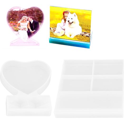 Moule en silicone pour cadre photo carré en forme de cœur, effet miroir, en résine époxy cristalline à faire soi-même. Ornement décoratif avec petit cœur et petit papillon carré. (1/5)