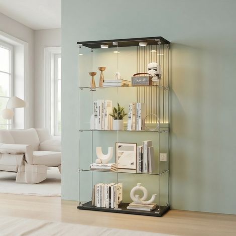 HYTKKBD - Vitrine en Verre avec Éclairage LED,2 Portes,4 Étagères,Vitrine pour Collection,Dimensions 164x80x36 cm,Vitrine Salon,Verre Trempé Transparent,Noir