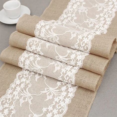 Chemin de table en jute, bordure de table en bois naturel ornée de dentelle, chemin de table en toile de jute à motif lesbien, pour la décoration de table lors de mariages et de fêtes, 30 x 305 cm, de (1/5)