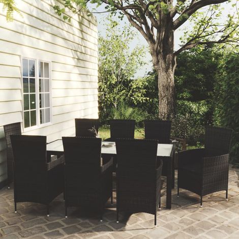 Salon de jardin 9 pcs Ensemble Table et Chaise de Jardin - avec coussins Résine tressée Noir BV326404 - BonneVie (1/5)