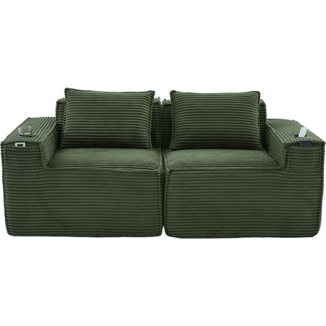 2-Sitzer modulares Sofa aus Cordstoff in Grün mit Getränkehaltern und Taschen (1/5)