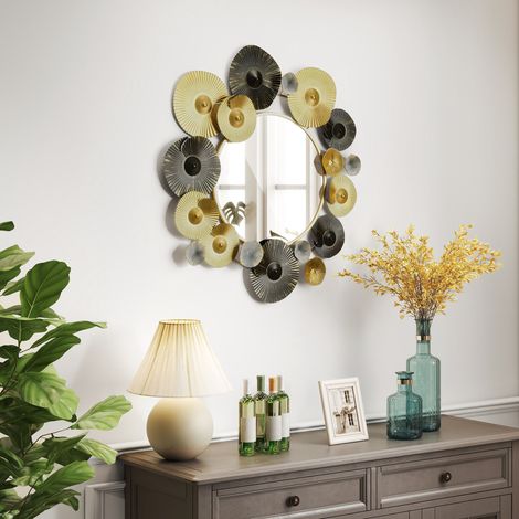Adorno de Pared Metálico con Espejo Decorativo para Salón Dormitorio Pasillo 84x84 cm Dorado y Negro (1/5)