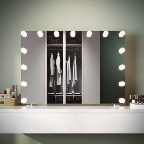 ELEGANT Modern Freestanding Mirrors with Memory Function Dimmable LED 3 Lighting Modes and 16 Removable Light Bulbs, Touch Switch and Built-In Socket, 1000 x 700 x 35mm (1/5)
