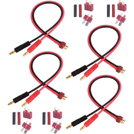 4-Piece T-Plug Connector with 30cm 14AWG Silicon Wire, 4 Pairs of Deans Style Male and Female T-Plug Connectors for RC Lipo FPV Drone Battery, 8-Piece Shrink Tubing