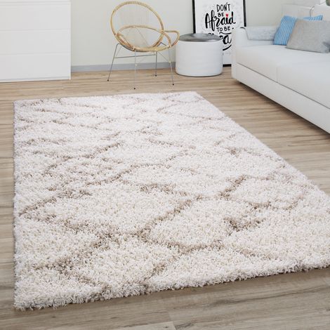 Paco Home Hochflor Teppich Wohnzimmer Shaggy Langflor Modernes Boho Skandi Rauten Muster Creme Beige, 80 cm Rund