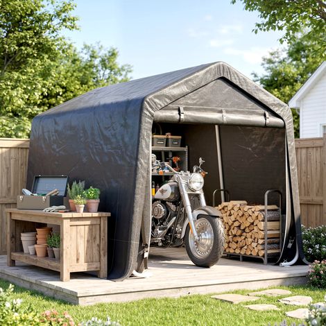 Abri de voiture en métal et toile PE, garage pour auto, moto et outils, 280x240x240 cm, gris (1/5)